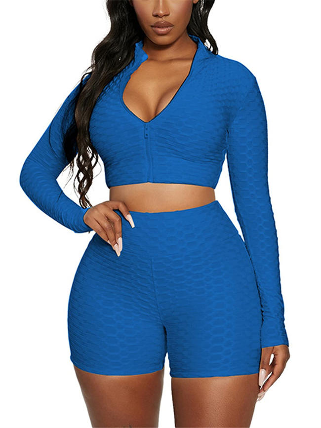 Women 2 Piece Textured Tracksuits Outfits Long Sleeve Zipper Crop Tops Yoga Shorts Set